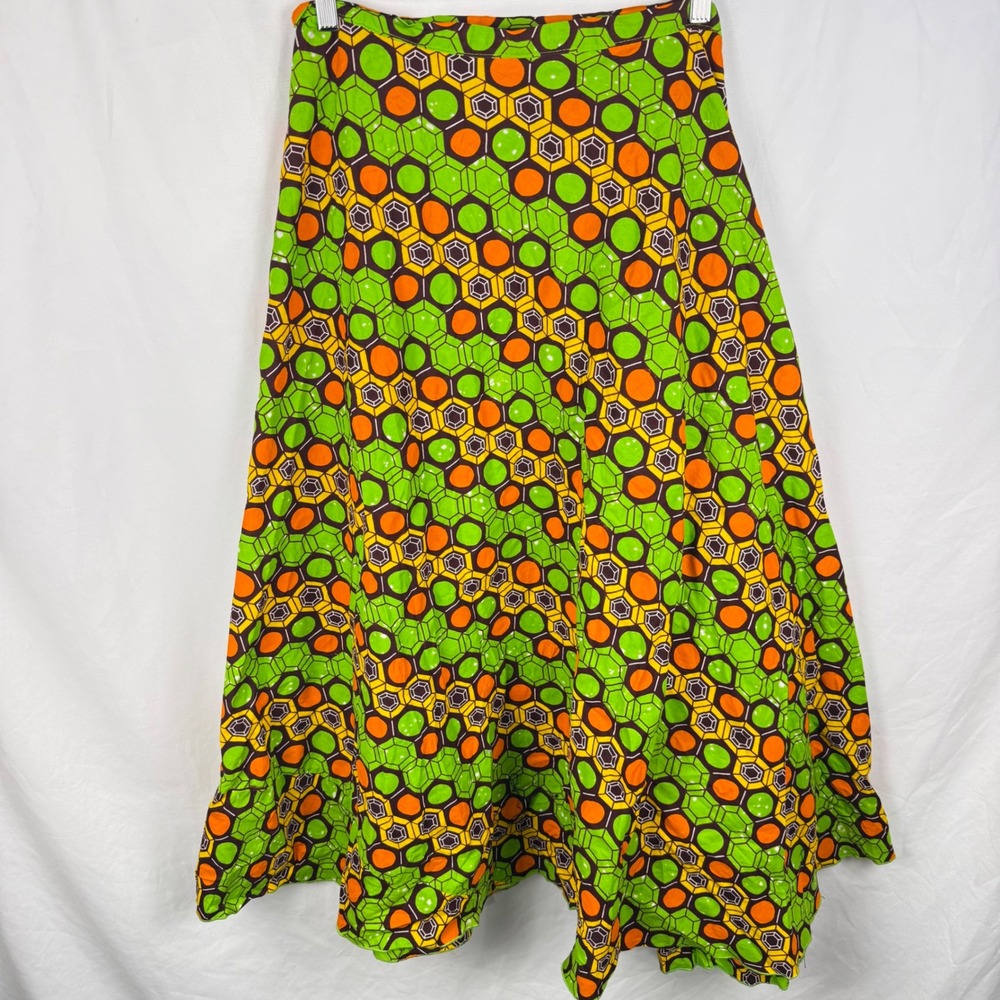 Handmade African Wax Print Wrap Midi Skirt One Size Green Orange Honeycomb Print